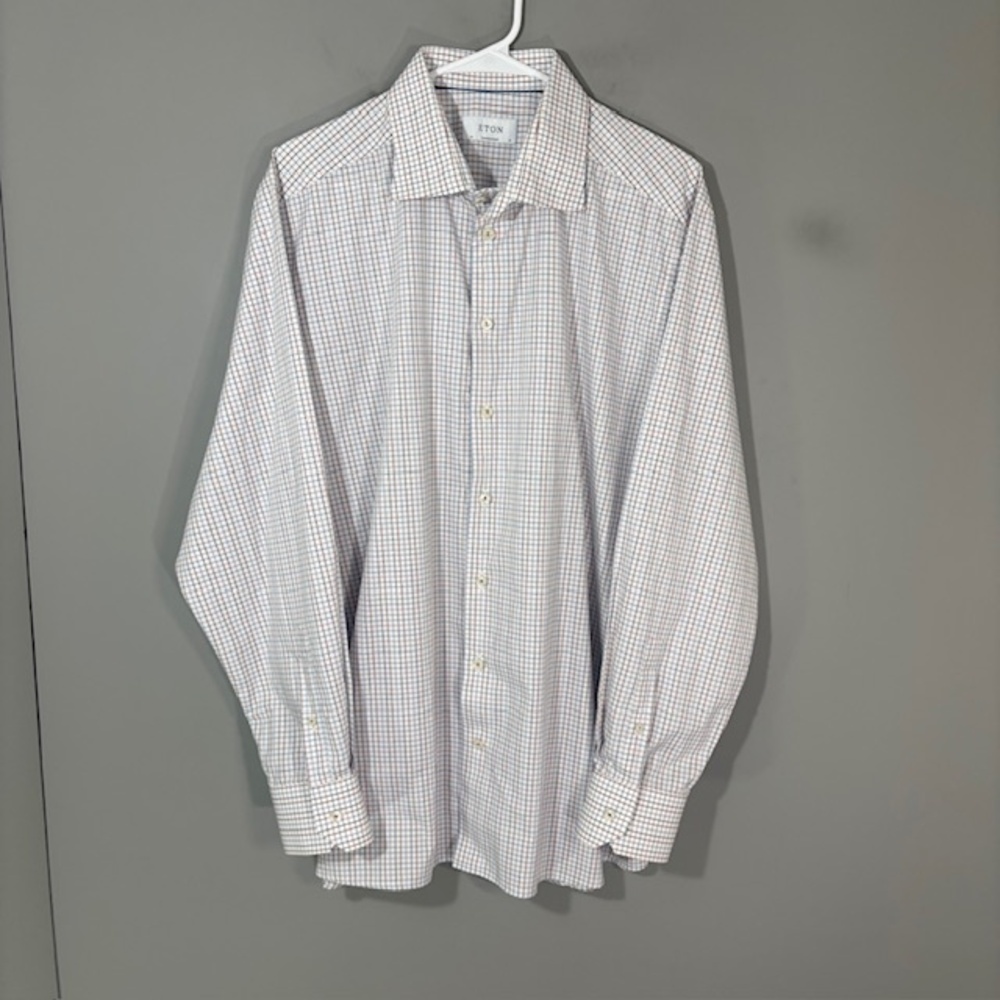 Eton Shirt Mens 18 White Red Check Regular Fit 100% Cotton Dress Long Sleeve